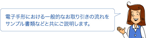 電子手形における一般的なお取り引きの流れをサンプル書類などと共にご説明します。