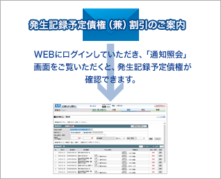 ［発生記録予定債権（兼）割引のご案内］WEBにログインしていただき、「通知照会」画面をご覧いただくと、発生記録予定債権が確認できます。